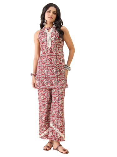 Image of Women's Floral Printed Kurti and Palazzo Set | Sleeveless Ethnic Co-Ord Set