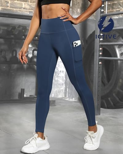 ICTIVE Women's Athletic Leggings High Waisted Workout Yoga Capris with Hat Pockets Cropped Solid Color Activewear Sport Pant Running Tight Fit Lightin Pants DarkBlue M - image 4