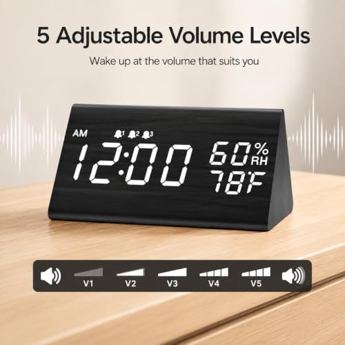 JALL Wooden Digital Alarm Clock for Bedrooms and Office, 3 Alarms with Big Digits, Humidity and Temperature Display, 6-Level Dimmer, Snooze, Loud Desk Clock for Heavy Sleepers, Plug in (Black) - Image 5