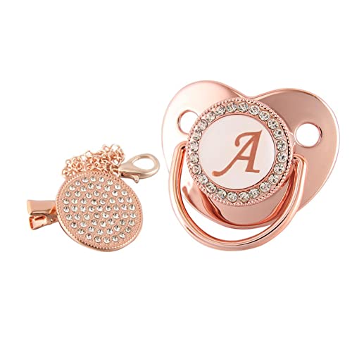 Image of Genda 2Archer Baby Pacifier and Clips with Rhinestones Rose Gold Bling 26 Letters Initials Personalized Baby Infant Newborn Pacifier Teething Soothie Toy for Infant 6-12 Months (A)