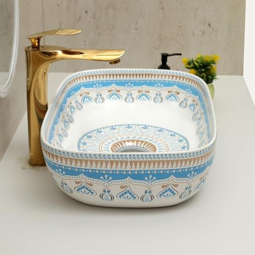 Image of Archstone Wash Basin for Bathroom -1 Year Warranty- Tabletop Washbasin - Ceramic Glossy Rectangle Designer Moroccan Countertop Vessel Sink, Dining Hall & Vanity 33x45x14.5 cm (Sky Gold Moroccan)