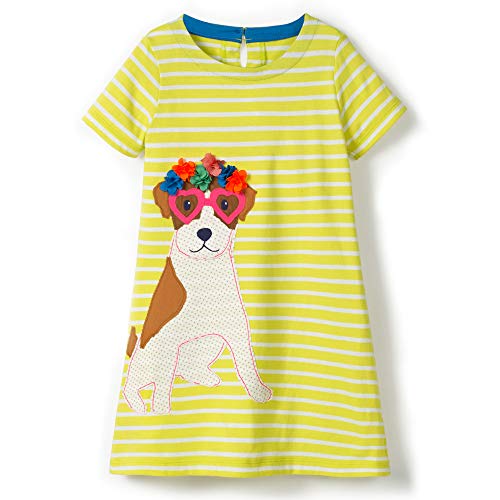 FreeLu Toddler Girl Clothes Cartoon Dress Casual Short Sleeves Dresses Cotton T-Shirt(6T,Yellow Puppy)