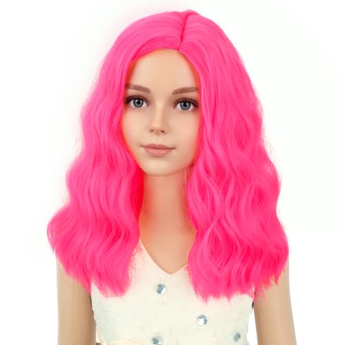 Image of PATTNIUM Neon Pink Wig Short Curly Wavy Wigs for Kids Girls Pink Side Part Shoulder Length Heat Resistant Synthetic Wig Halloween Cosplay Costume Party Daily Wigs
