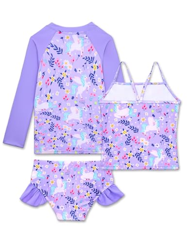 Image of Girls Rash Guard Swimsuit 3 Pieces Long Sleeve UPF50+ Quick Dry Bathing Suit for Toddler 3-12Y