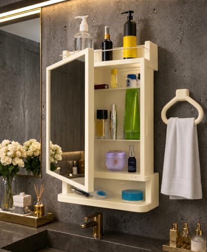Image of CIPLA PLAST Rich Look Plastic Wall-Mounted Bathroom Mirror Cabinet with Storage Shelves, Single Door, Bathroom Mirror Cabinet with Towel Holder | (Ivory)