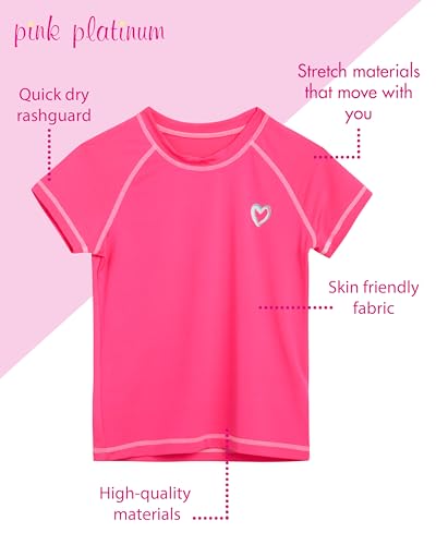 Image of Pink Platinum Girls Swim Shirt - Lightweight Quick Dry Short Sleeve Rash Guard for Girls, Swim Top w /UPF 50+ Sun Protection