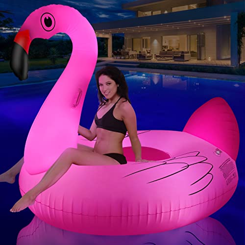 Big Flamingo Pool Floats Solar Powered Swan Pool Floats Adult with LED Color Changing Lights, 69 Inch Large Inflatable Pool Floaties with Cup Holder,...