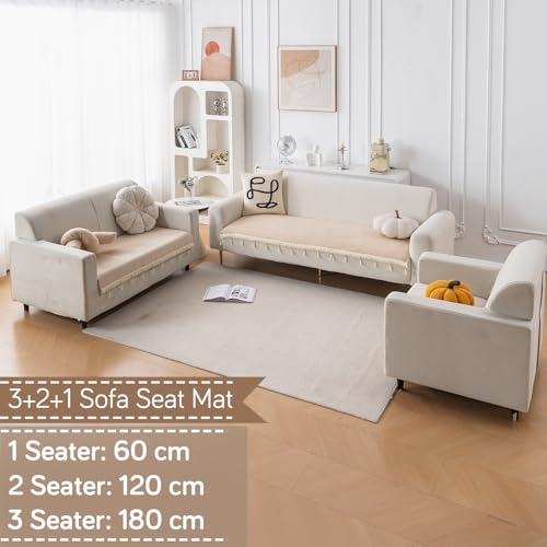Image of HOKIPO 'Serenity Tassel' Chenille Sofa Cover 6 Seater Set with Tassels - Washable 3+2+1 Sofa Cover Mat | Ivory Fringe (IN-890 + IN-891 + IN-892 - BGE)