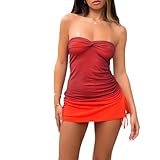 Womens Strapless Ruched Mini Dress Sexy Backless Bandeau Tube Top Bodycon Dresses Y2k Drawstring Club Party Short Wrap Dress (S, Orange)