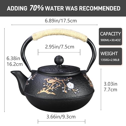Image of Cast Iron Teapot SECHUDO Teapot for Stovetop Safe Coated with Enameled Interior,Japanese Beautiful Tea Kettle with Stainless Steel Infuser for Loose Tea (30.4oz Plum Blossoms and Bird Pattern)