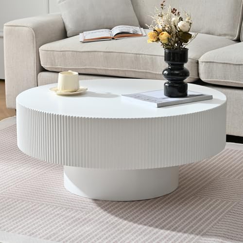 Merax Modern Round Coffee Table with Sturdy Base, Wood Sofa Center Tables for Living Room, Reception Room, Easy Assemble, White