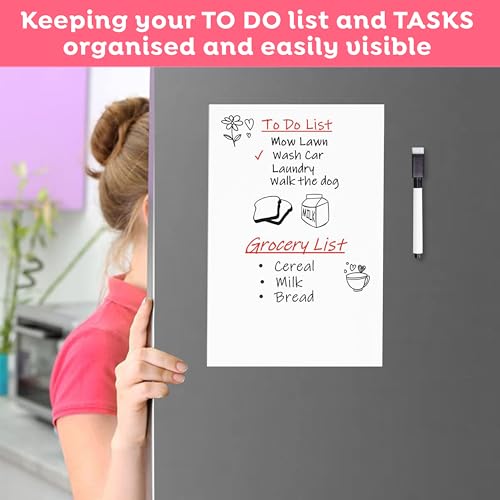 Image of Trueflair Magnetic Board Dry Erase Whiteboard for Fridge, 30 cm x 23 cm, with Black Marker, Waterproof Surface (A3)