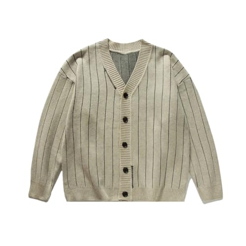 Men's V-Neck Long Sleeve Stripe Cardigan Sweater Spring Fall Fashion Vintage Loose Casual Knitted