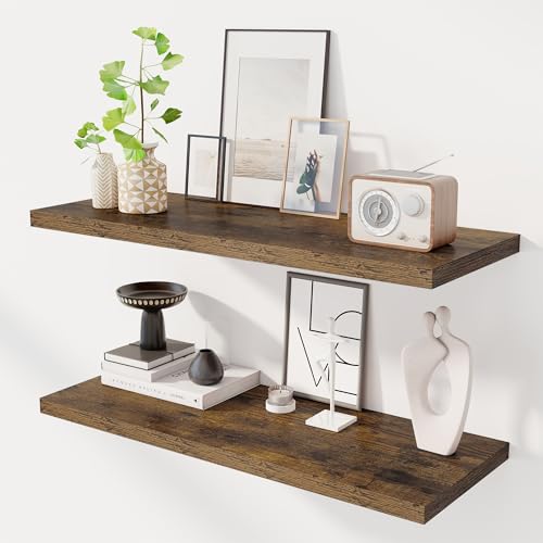 Image of Dreamland 36 inch Floating Shelves for Wall, 12 inch Deep Slim Rustic Brown Floating Shelves, Wall-Mounted Shelves for Bedroom, Living Room, Kitchen, Bathroom - Set of 2