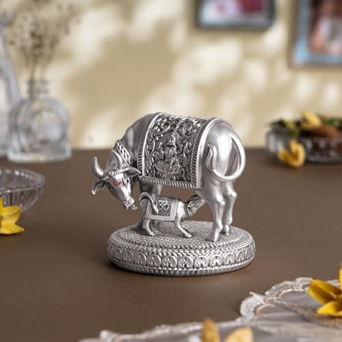 Image of Svastika 999 Silver Plated Kamdhenu Cow with Calf Idol | 3.5 Inch Kamadhenu Gomatha Vastu Showpiece | Kaamdhenu Idol for Puja | Anniversary Wedding Housewarming Gift