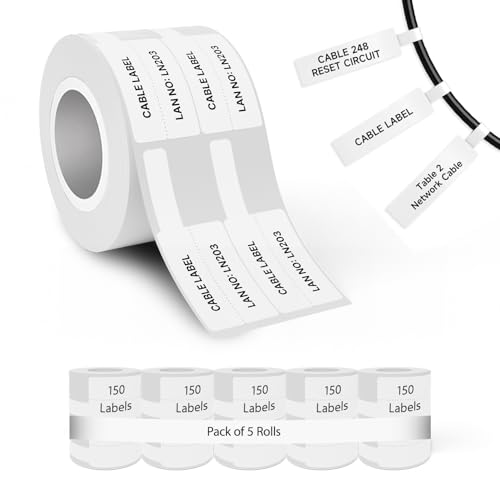 Image of Seznik Cable Tag Thermal Labels - Waterproof, Non-Tearable, Oil & Scratch Resistant, White, 150 Labels /Roll, Pack of 5 Rolls - Wire & Electrical Labeling Stickers, 750 Labels
