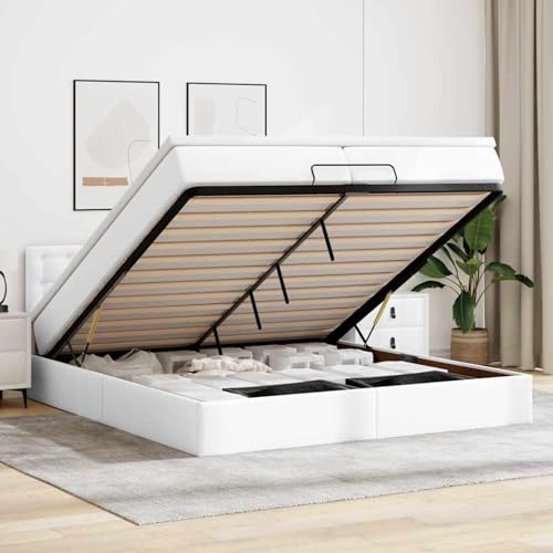 Fasba Ottoman-Bett mit Matratzen Weiß 200x200 cm Kunstleder, Polsterbett Doppelbett Stilvolles Funktionsbett mit hydraulischem Stauraum3311324