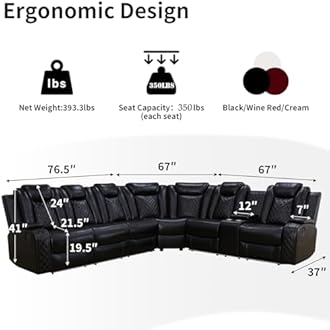 Caberryne Power Recliner Sofa Sectional Couch for Living Room Furniture Set,Leather Reclining Corner Sectional Couch with 3 Recliner Seats,Cup Holder,Storage,LED Light for House/Home Theater, Black