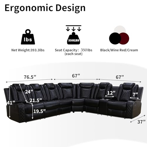 Caberryne Power Recliner Sofa Sectional Couch for Living Room Furniture Set,Leather Reclining Corner Sectional Couch with 3 Recliner Seats,Cup Holder,Storage,LED Light for House/Home Theater, Black