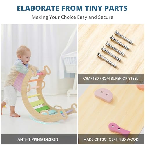 Image of BlueWood Pikler Triangle Set, Toddler Wooden Climbing Toys Indoor 7in1 Foldable Climber for Kids, Montessori Philosophy Play Jungle Gym with Arch, Ramp, Ladder (Colorful Spring)