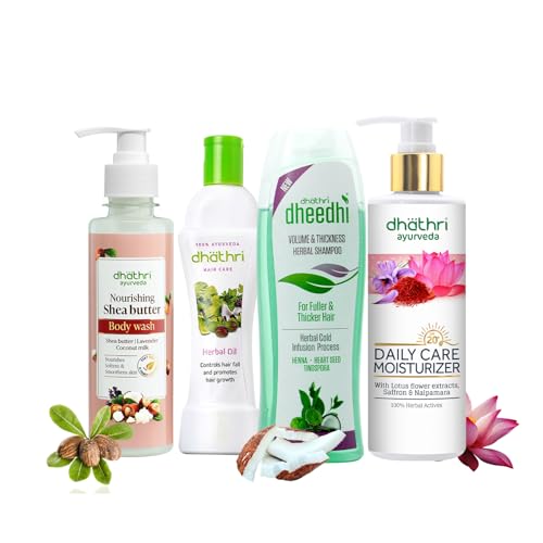 Image of Dhathri Nourishing Combo with Ayurvedic Hair Oil, Volume Shampoo for Thin Hair, Herbal Body Wash, and Herbal Moisturizer - Complete Hair and Body Care for All-Day Freshness, 700 ml (Pack of 4)