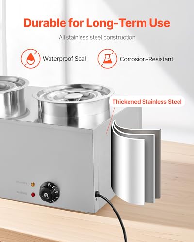 Image of VEVOR Electric Soup Warmer, Two 6.34QT Stainless Steel Round Pot with 86~185F Adjustable Temp, 1200W Commercial Bain Marie Compatible with Pans, Soup Station for Restaurant, Buffet