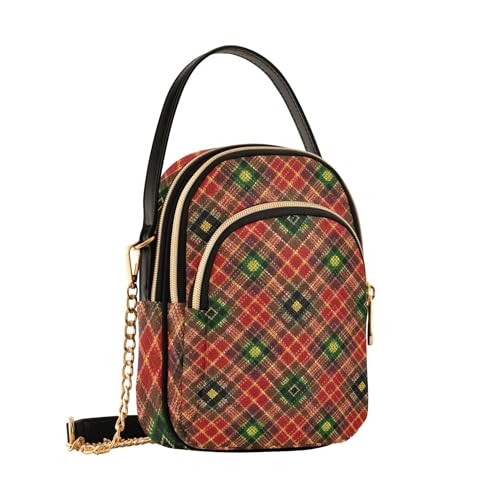 Women Shoulder Purses Artistic Chain Strap Cell Phone Purse Quilted Zipper Satchel Crossbody Tote Traditional Red Plaid Green Gold2