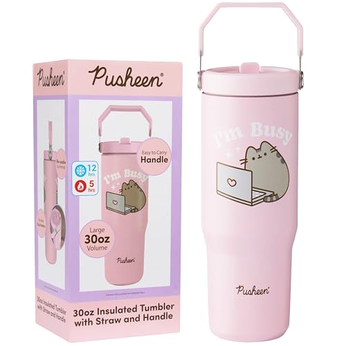 Get Trend Pusheen Thermobecher Edelstahl 850ml Isolierter Trinkbecher mit Strohhalm & Henkel Auslaufsicher Trinkflasche Heiß- & Kaltgetränke (Rosa Pusheen)