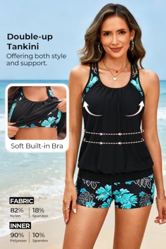 Image of Yonique Two Piece Tankini Bathing Suits T-Back Blouson Swim Tops with Boy Shorts Women Swimsuits Sporty Swimwear