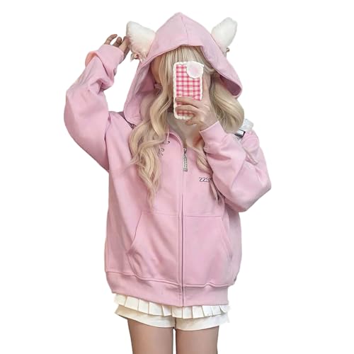 Sudadera con capucha para mujer con cremallera y orejas de gato mullidas, chaqueta con capucha de gran tamaño en estilo kawaii, bonita sudadera para un aspecto divertido de chica electrónica