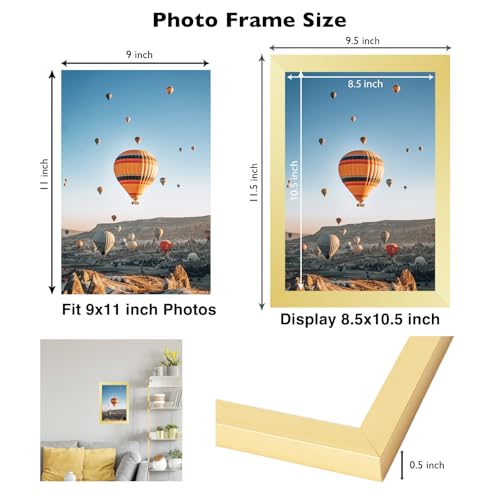 Image of JCJMY 9x11 Picture Frame Gold for Wall Hanging or Tabletop, Wall Mounting Horizontally or Vertically, 9 x 11 Wall Gallery Poster Photo Frame with Durable Shatter Resistant Plexiglass,Gold