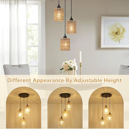 Image of 3 Lights Rattan Pendant Light, Farmhouse Dining Room Light Fixtures Ceiling Hanging, Boho Pendant Lighting with Hand Woven Wicker Shades for Kitchen Island Living Room Bedroom Foyer Hallway