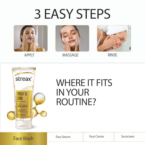 Image of Streax Skin Bright & Shine Face wash cleanser, 50 ml| 4% Vitamin C & Glycolic Serum Complex| Face wash for man & woman| Vitamin C face wash|SLES & Paraben Free| All skin types