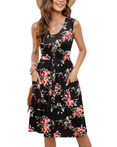 MOLERANI Damen ärmelloses, locker sitzendes Kleid in A-Linie mit ausgestelltem Blumenmuster(Rose Black,L)