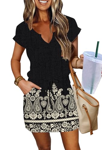Image of SAUKOLE Women Summer T Shirt Dress Casual Short Sleeve V Neck Dress with Pockets Drawstring Waist Short Dresses