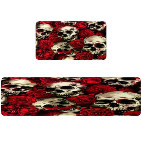 Alfombrillas de cocina VAPOKF evite resbalones con estas alfombras de calaveras y rosas 2