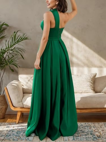 Womens Satin One Shoulder Prom Dress with Pockets Elegant Long Evening Dress for Women A Line Wedding Guest Dress2