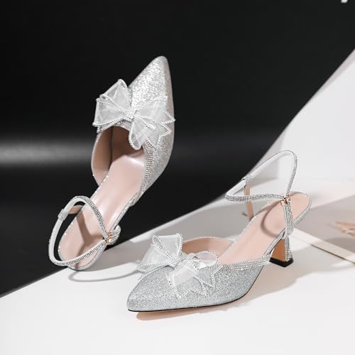 Joseywade Rhinestone Bow Heels Women Pointed Toe Low Heels Pumps Adjustable Ankle Strap Wedding Bridal Shoes4