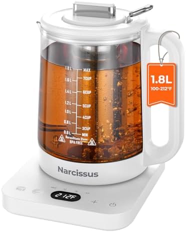 Narcissus Electric Kettle Temperature Control ±5℉, 1.8L Glass Electric Tea Kettle with Removable Infuser for Flowers & Fruit Tea, 1200W Fast Boiling, 6 Hours Keep Warming, White