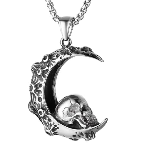 Collier pendentif argent punk crâne lune pour homme et femme tendance gothique