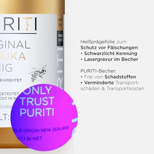 PURITI Manuka Honig MGO 200+ 250g aus Neuseeland mit zertifiziertem Methylglyoxal Gehalt - Laborgeprüft, Direktimport, reines Naturprodukt, frei von Zusatzstoffen
