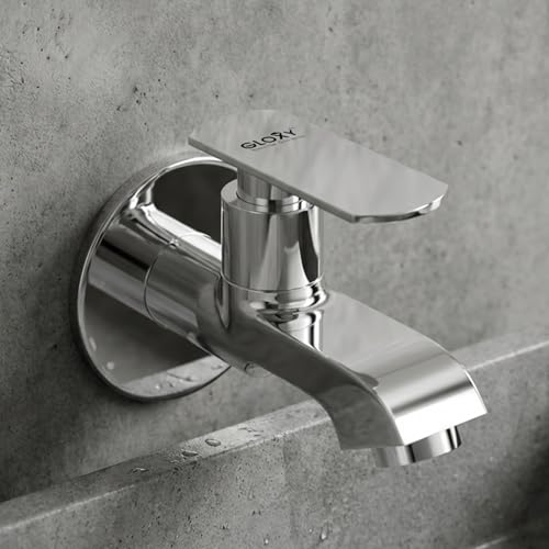 Image of GLOXY Premium Brass Bib Cocke Short Body with Chrome Finish - Short Body Wash Basin Tap Jet+ Lever with Wall Flange - Bib Cock Tap for Kitchen Sink, Bathrooms, Gardens - 10 Years Warranty