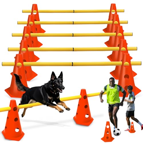 XEIYEI 5er Sports Steckhürdenset Cavaletti Agility Set Hunde Hürden Steckhürdenset 10 Kegel 23cm + 5 Stangen 80cm Agility Koordinationstraining Set für Kinder Hunde Teamsport Fussball (Orange)