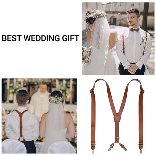 Image of Leather Suspenders for Men Y Back Design Adjustable Suspender with 4 Metal Clips Groomsmen Gift Wedding Brown