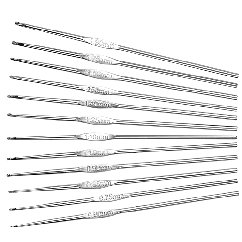12Piezas Agujas de Ganchos, Ganchos de Ganchillo, 0.6-1.9 mm Ganchillo Crochet, Matel Agujas de Tejer para Principiantes y Profesionales - Plata