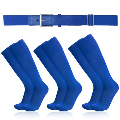 Baseball Socks and Belt Combo for Youth Adult - Softball Sock and Belt for Boys and Girls (Royal Blue 3 Pairs of Socks & 1 Belt)
