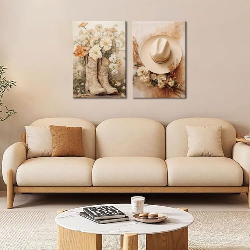 Image of NNX 2pcs Vintage Western Cowgirl Canvas Wall Art: Coastal Cowgirl Boots & Hats Posters - Trendy Preppy Dorm Room & Living Room Wall Decor - Ready To Hang