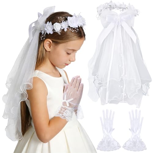 First Communion Veil & Gloves Set for Girls - White Flowers & Pearl Holy Catholic Veil for 7-16 Girls 1st Communion Dress
