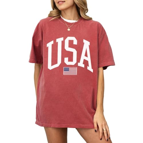 USA T-Shirt for Men Women Unisex - Vintage American Flag Graphic Tee - Patriotic Short Sleeve Crew Neck Top - 100% Cotton (Crimson X-Large)