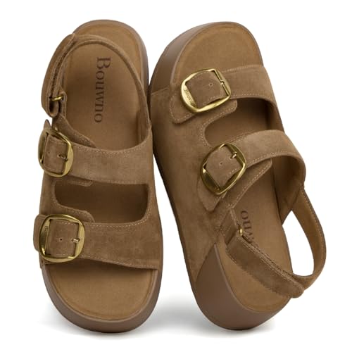 Image of Platform Sandals Women Genuine Leather Slip-on Beach Slide Buckle Comfortable Sandals with Memory Foam Soft Lining and Open Toe Low Wedges